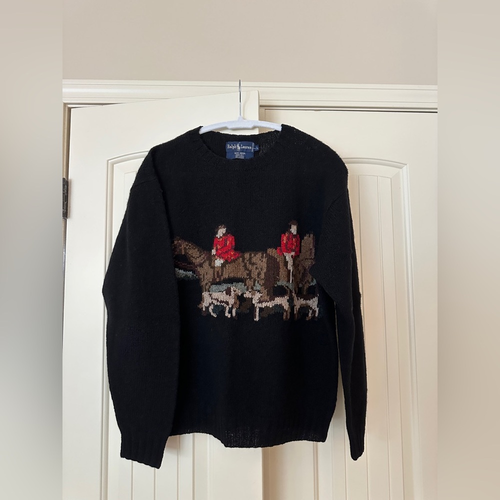 RARE - RALPH LAUREN Vtg Equestrian Horse English Hunt Wool Hand Knit Sweater L - Picture 2 of 15